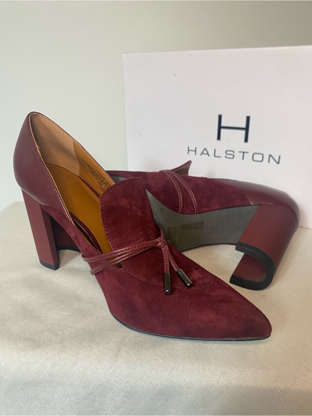 H by Halston Burgundy Pointed Tie-Front Suede Block Heels